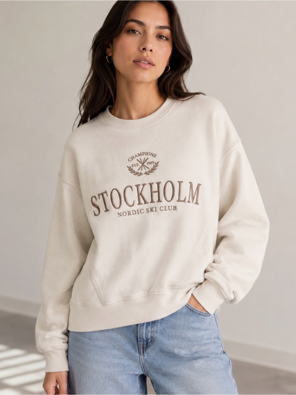 Garage Cream 'Stockholm' Oversized Crewneck Sweatshirt with Brown Logo